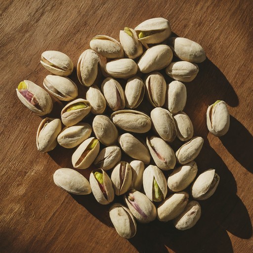 Image of pistachios nuts on a wooden table