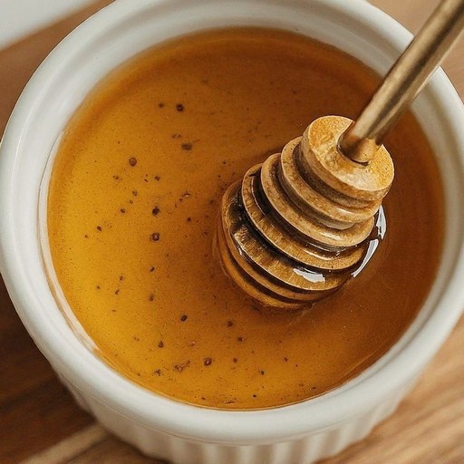 A wooden dipper in a glass bowl filled with honey. The honey is a light golden color and the dipper is dripping with honey.