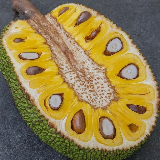 Close-up of the inside of a jackfruit, showing its yellow, fleshy lobes and brown, seed-covered core. The jackfruit is on a gray surface.