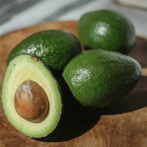 Close-up photo of a ripe avocado, its bumpy green skin slightly wrinkled and revealing a hint of the creamy flesh beneath.