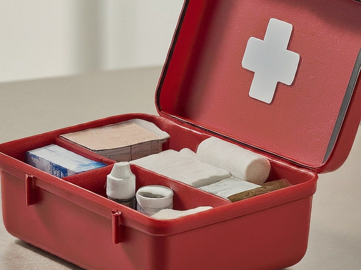 A image of a red first aid kit open on a table. The kit is filled with various medical supplies, including bandages, adhesive strips, antiseptic wipes, scissors, and a thermometer.