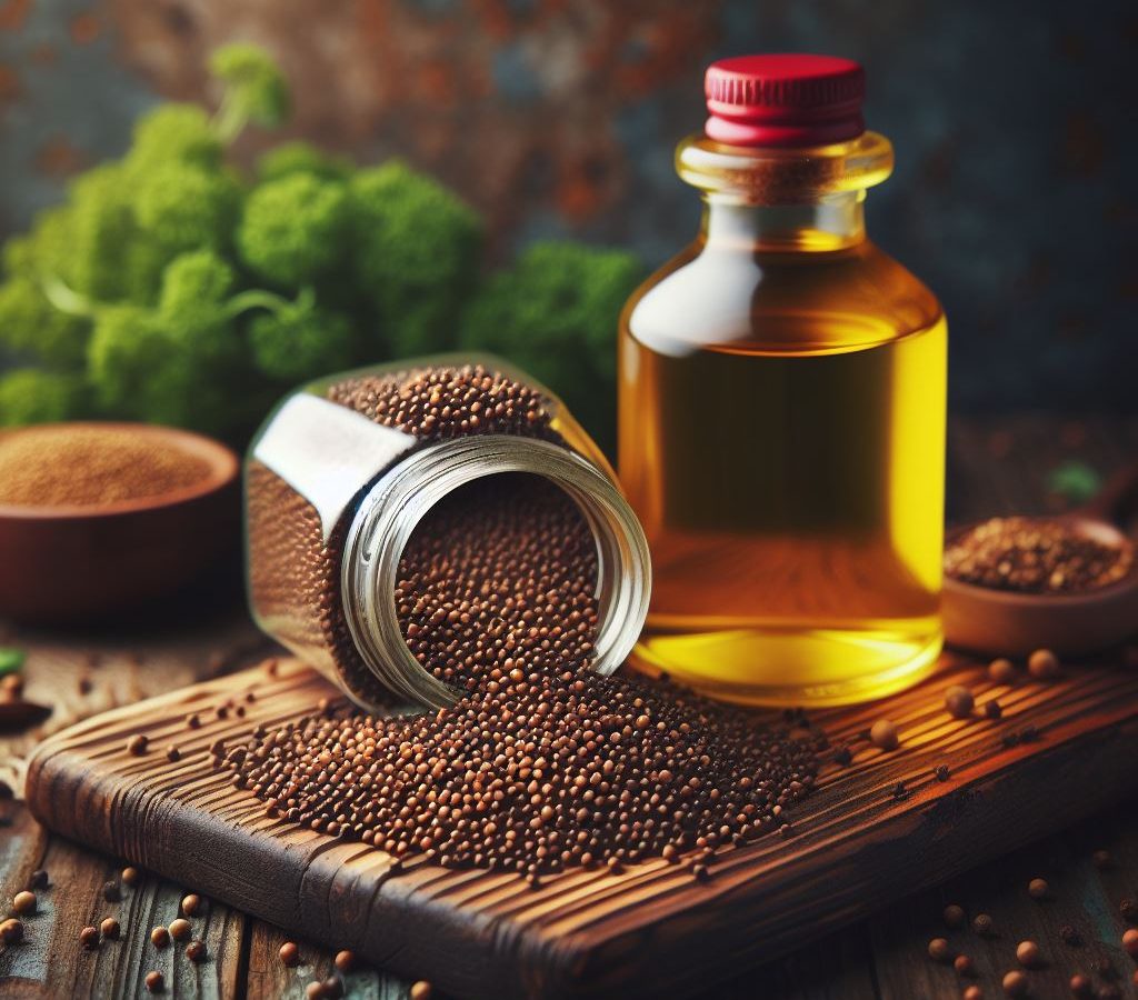 Image of a glass jar filled with mustard seeds and a glass bottle filled with mustard oil on a wooden cutting board.