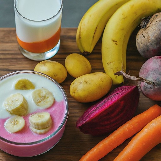 A colorful plate containing a variety of healthy food items including sliced vegetables, fruit, yogurt, and a glass of milk.